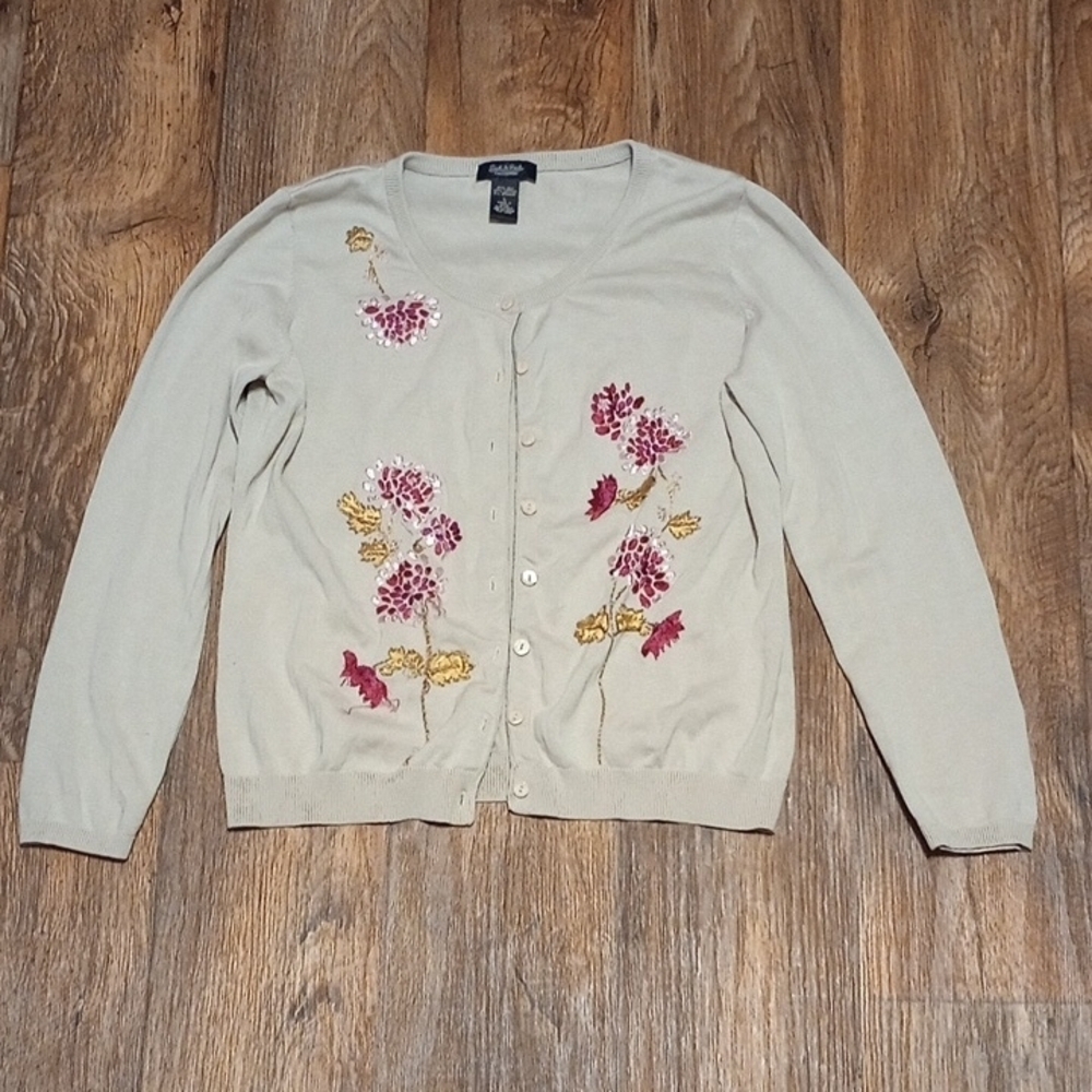Peck & Peck Beige Cardigan with Pink and Yellow Floral Embroidery Silk Blend Lg